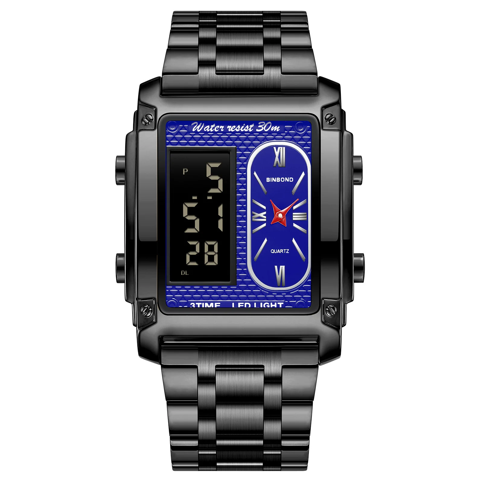 Binbond Rectangular Steel Belt Analog Digital Sport Watch For Men B2311 - Image 3