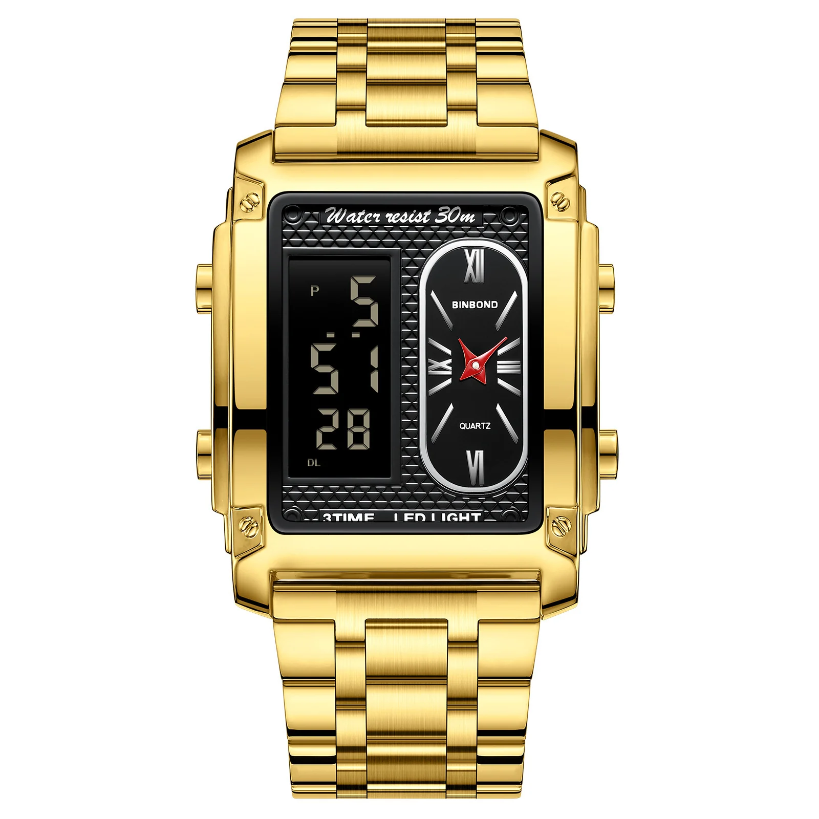 Binbond Rectangular Steel Belt Analog Digital Sport Watch For Men B2311 - Image 4