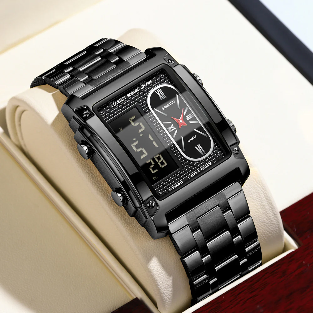 Binbond Rectangular Steel Belt Analog Digital Sport Watch For Men B2311 - Image 5