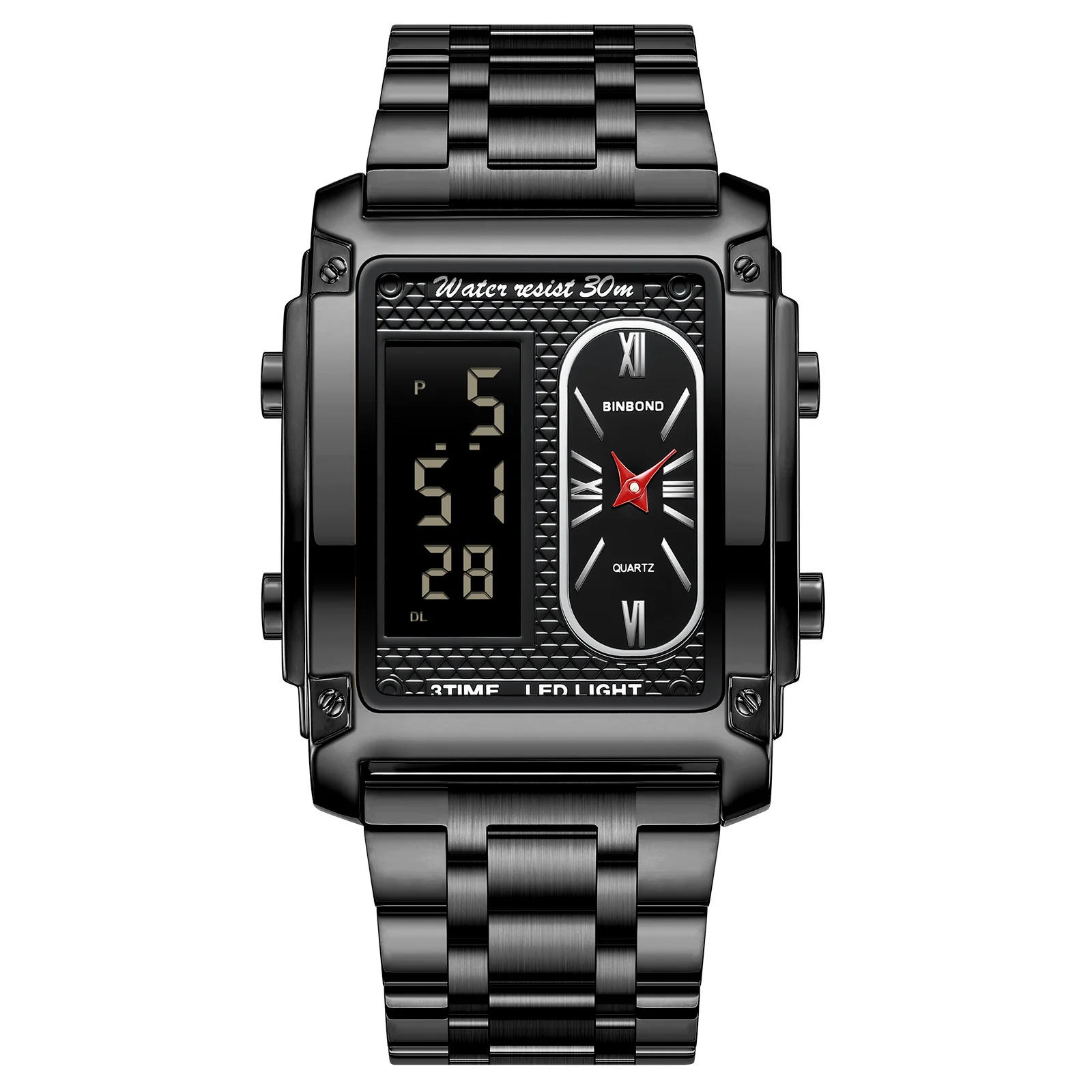 Binbond Rectangular Steel Belt Analog Digital Sport Watch For Men B2311 - Image 6