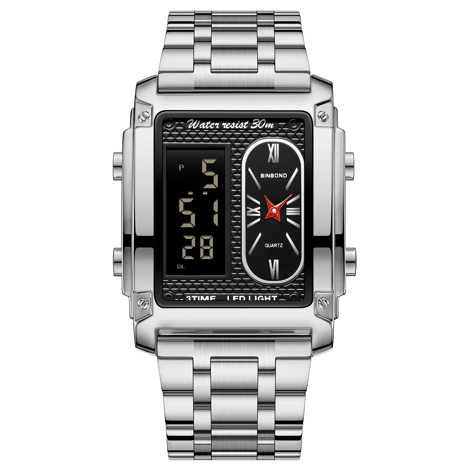 Binbond Rectangular Steel Belt Analog Digital Sport Watch For Men B2311 - Image 7