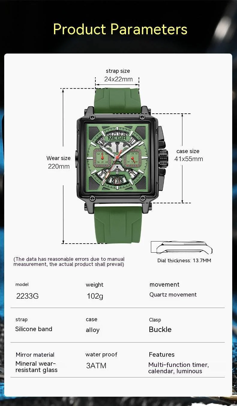 Megir Square Waterproof Luminous Sports Quartz Multi-function Watch - Image 8