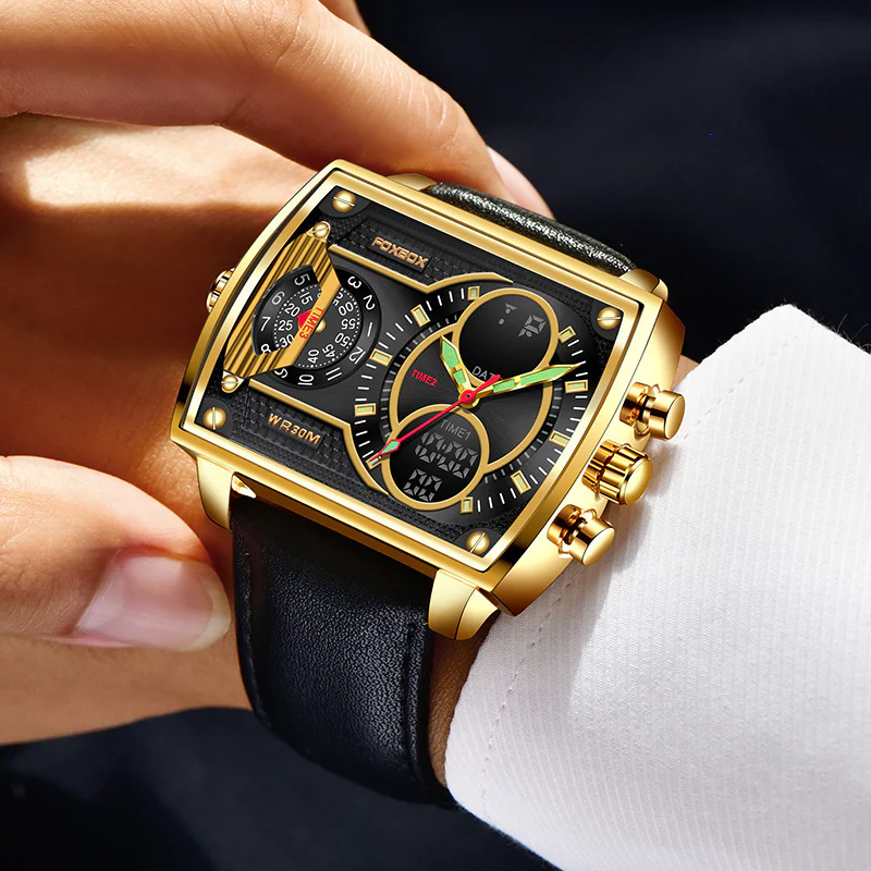 Foxbox Quartz Electronic Dual Display Multi-function Square watch for Men FB009