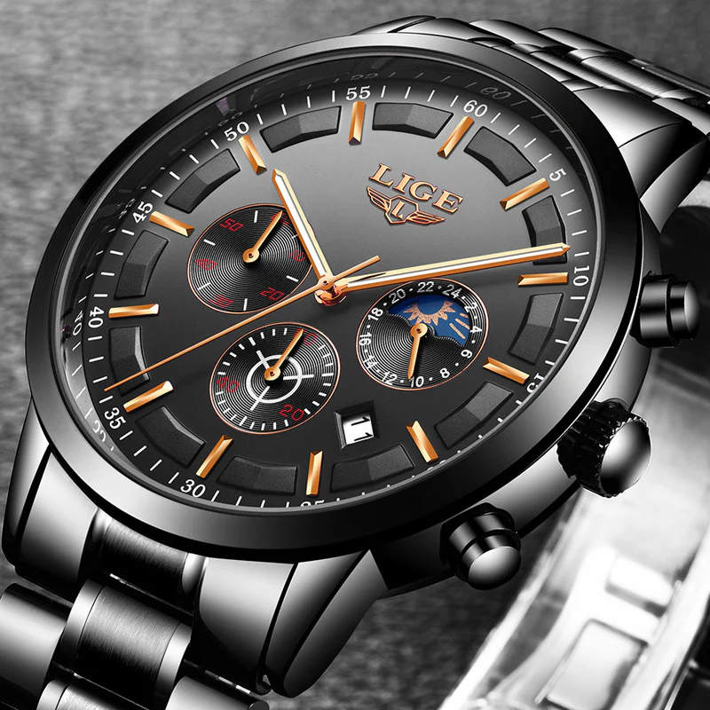 Lige 9877 Steel Moon phase Luxury quartz watch for Men - Image 4