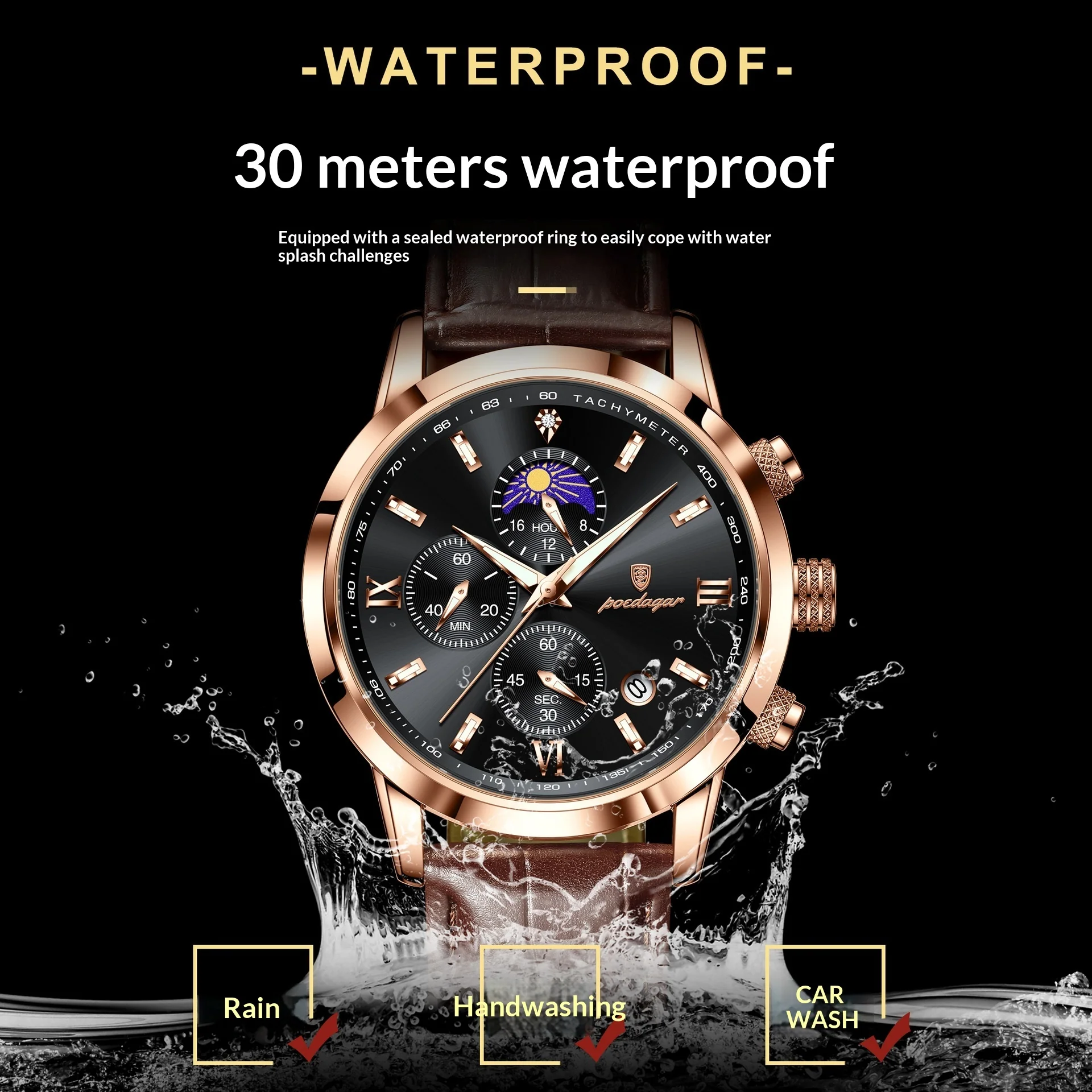 POEDAGAR 882 Quartz Moon phase Watch And Multi-function Chronograph watch for Men - Image 3