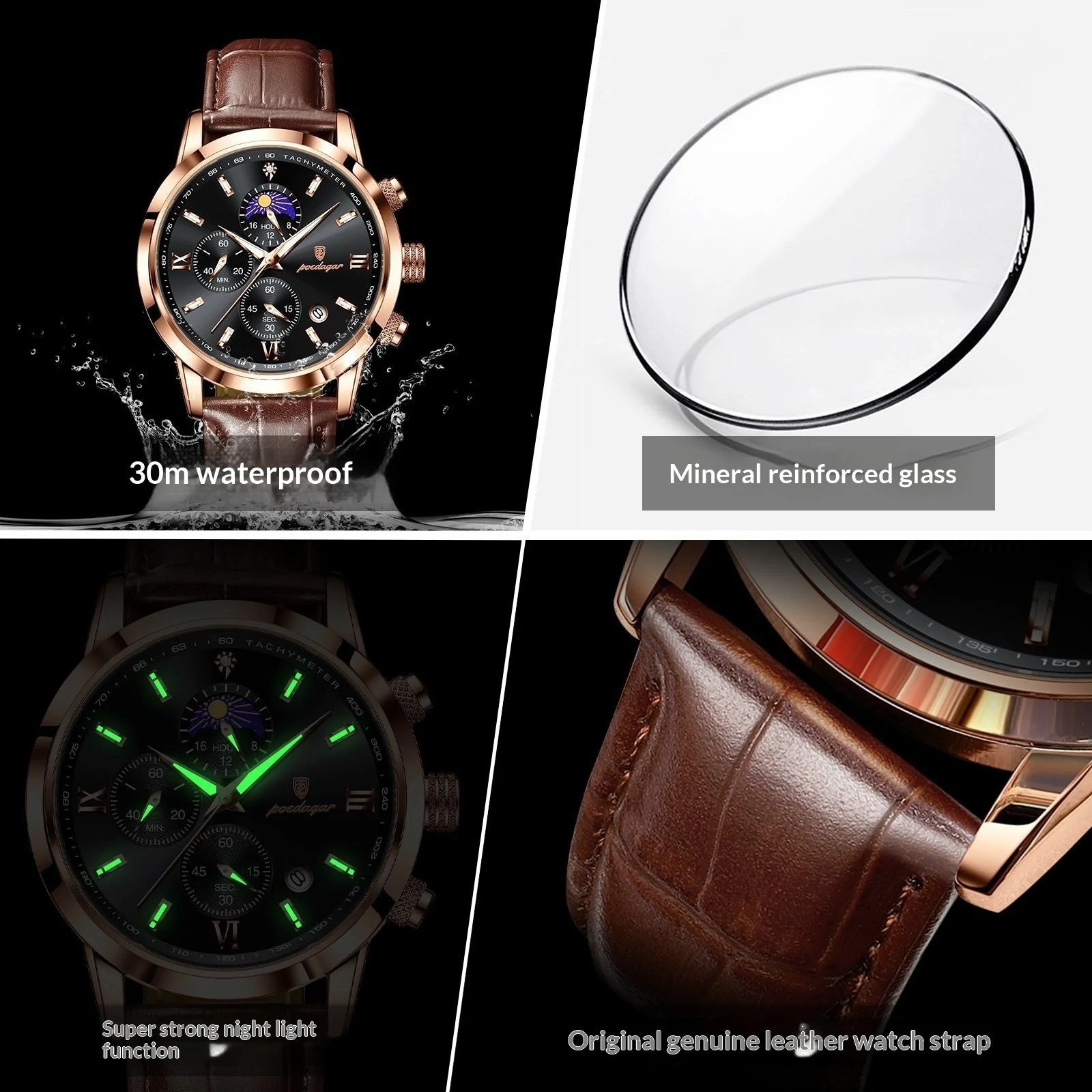 POEDAGAR 882 Quartz Moon phase Watch And Multi-function Chronograph watch for Men - Image 4