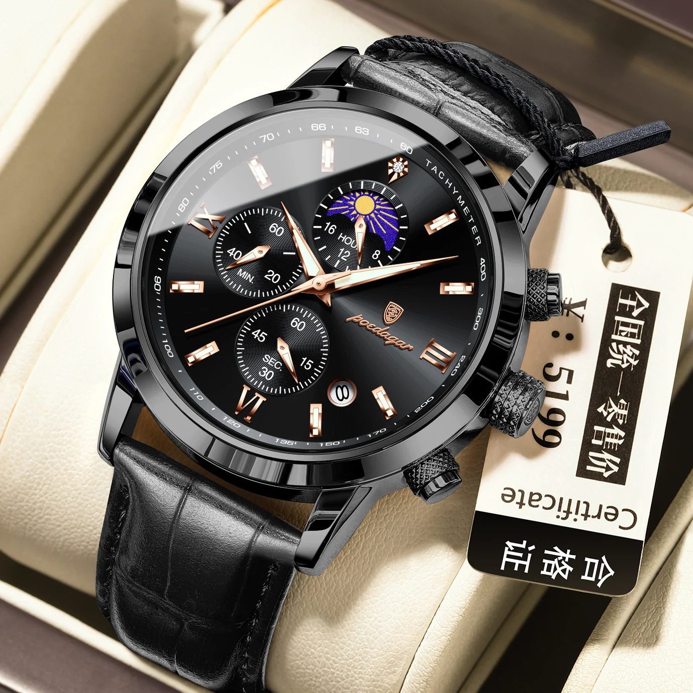 POEDAGAR 882 Quartz Moon phase Watch And Multi-function Chronograph watch for Men - Image 5