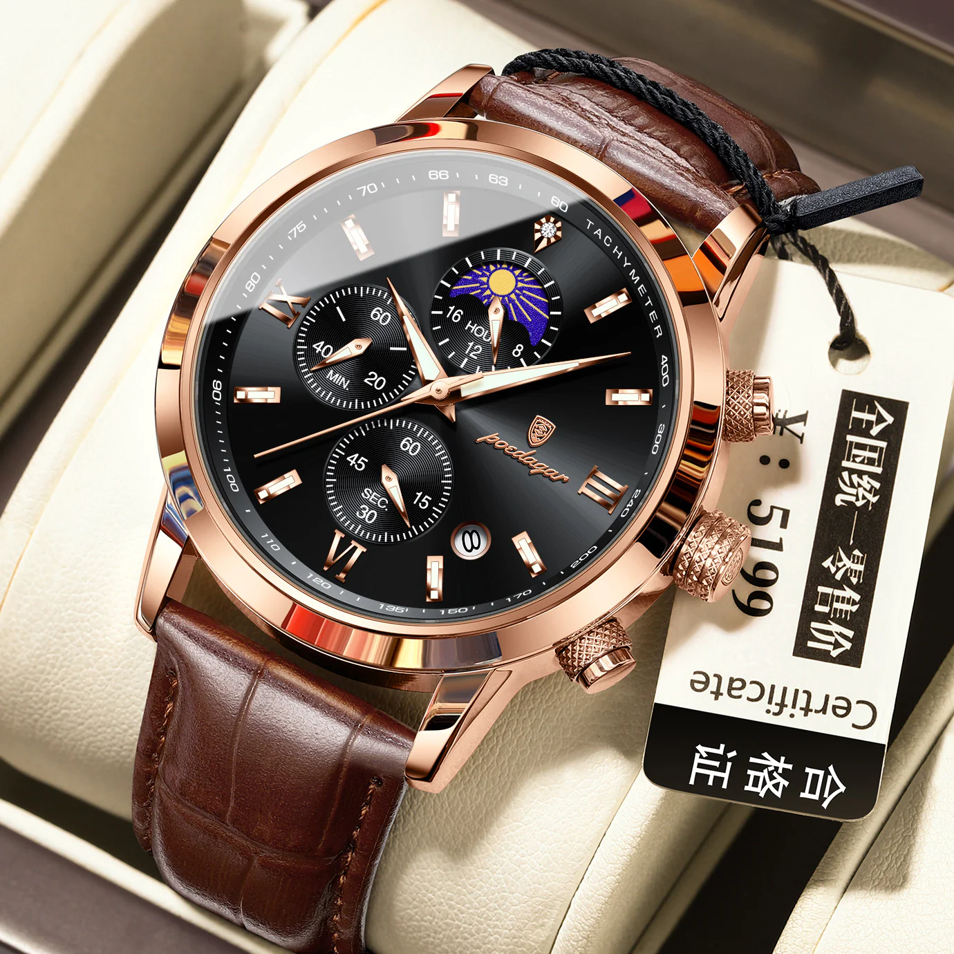 POEDAGAR 882 Quartz Moon phase Watch And Multi-function Chronograph watch for Men - Image 6