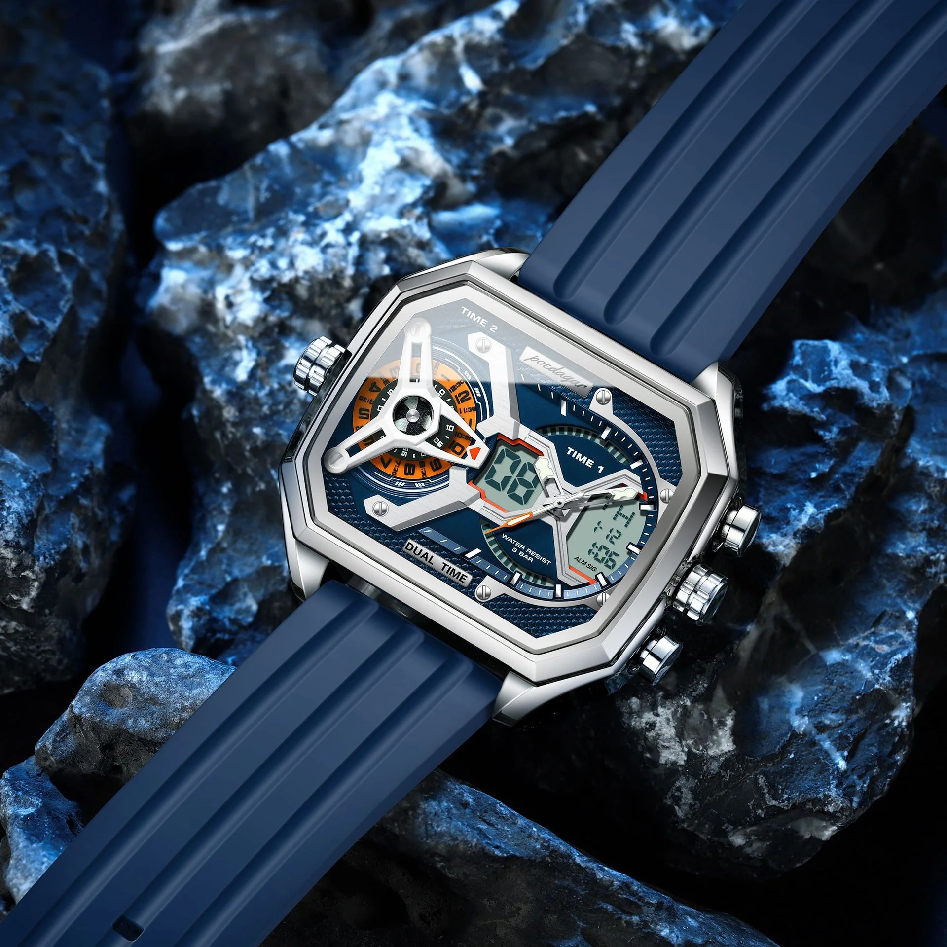 Poedagar E106 Trendy 3 Time Analog Digital watch for Men - Image 2