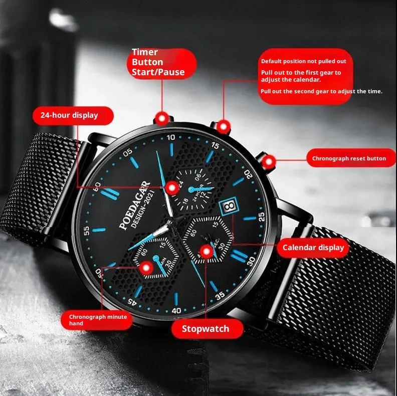 Poedagar P365 Waterproof Luminous Multifunctional Sports Quartz Watch for Men - Image 2