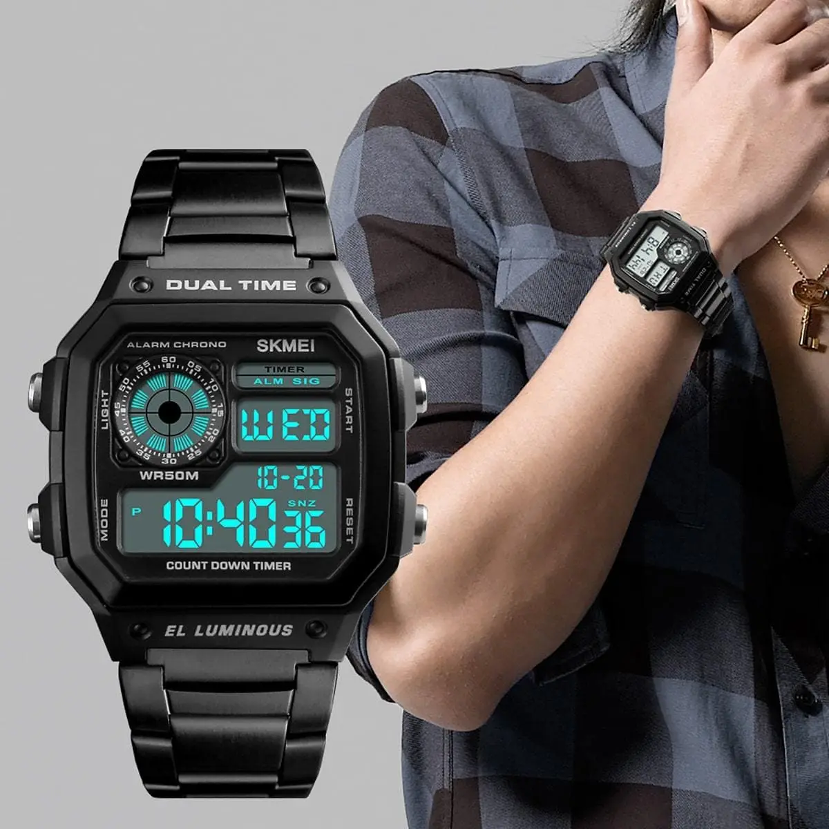 Skmei 1335 Original stainless steel square dial sport Digital watch wrist watch for Men - Image 4